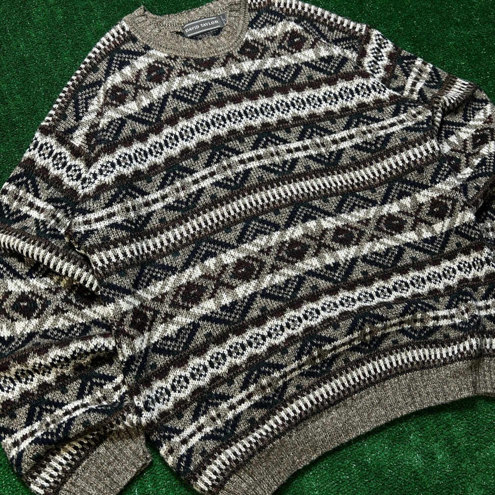 Vintage David Taylor Fair Isle Geometric Knit Sweater Brown Multi LT